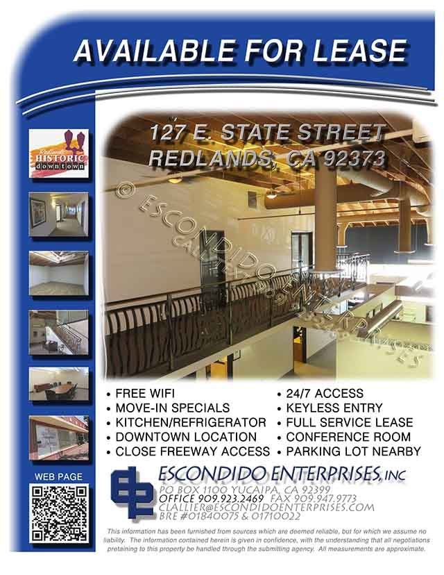 Escondido Enterprises, Brochure of multi-unit office space located at 127 E. State St, Redlands, CA 92373